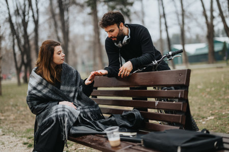 A man with headphones and bicycle converses with a woman wrapped in a blanket on a park bench,...