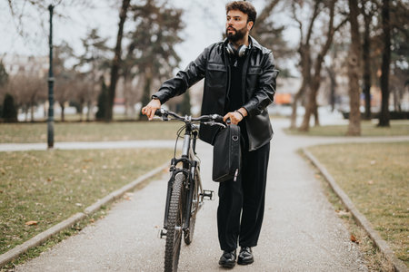 Stylish businessman with a bicycle in an urban park setting
