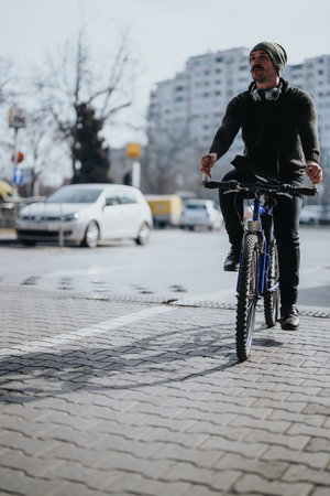 Casual man riding a mountain bike in the city with headphonesの写真素材