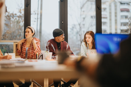 A multi-ethnic group of individuals actively participates in a business meeting within a contemporary, well-lit office environment.の写真素材