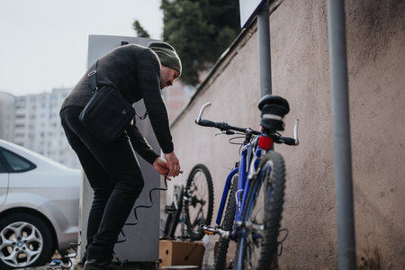Man in casual wear inflating bicycle tire on city street