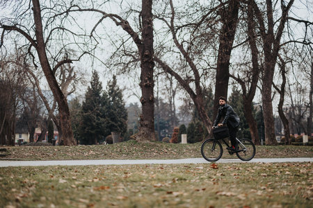 Handsome businessman with bicycle working remotely in a serene park settingの写真素材