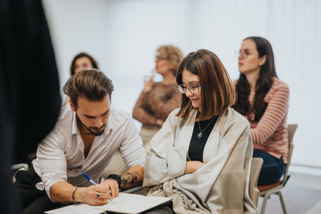 Focused people engaged in productive discussions at a business workshop.の写真素材