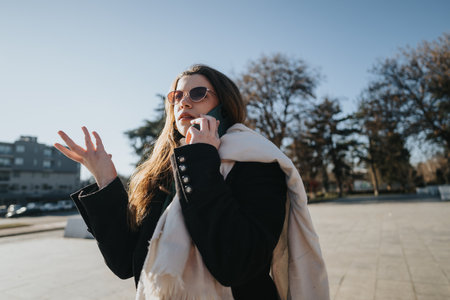 Young professional woman engaged in a phone conversation outdoors on a sunny winter day.