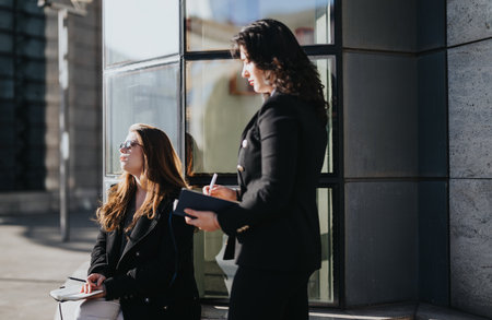 Two young women in business attire engaged in a productive discussion against an urban backdrop, symbolizing teamwork and entrepreneurship.の写真素材
