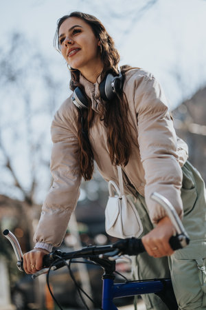 Young woman enjoying a bike ride with headphones in urban setting.の写真素材