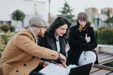 Three people in an outdoor business meeting reviewing documents on a bench.の写真素材