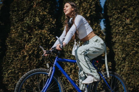 Young woman enjoys a leisurely bike ride on a sunny day.の写真素材