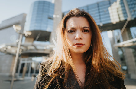 Confident female entrepreneur in urban setting, business determination concept.の写真素材