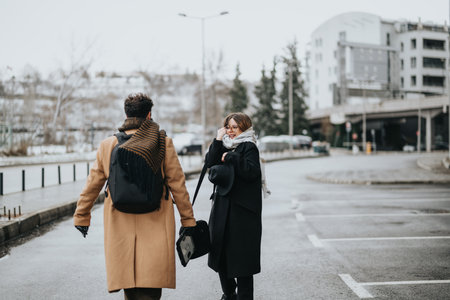 Stylish young couple walking together on a chilly city street in winter.の写真素材