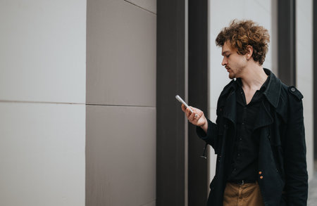 Young business professional checking smart phone during a break outdoors