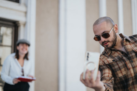 Young business associates using a smart phone for collaboration in a cityの写真素材
