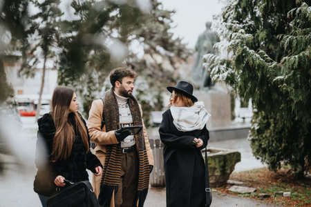 Outdoor winter lifestyle portrait of three friends in a snowy urban park.の写真素材