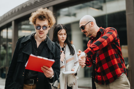 Dynamic business team in a discussion outside the office building