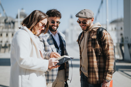 Young business entrepreneurs discussing strategy in city downtown.の写真素材