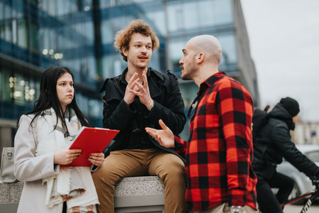 Entrepreneurs discussing business strategies during an outdoor meetingの写真素材