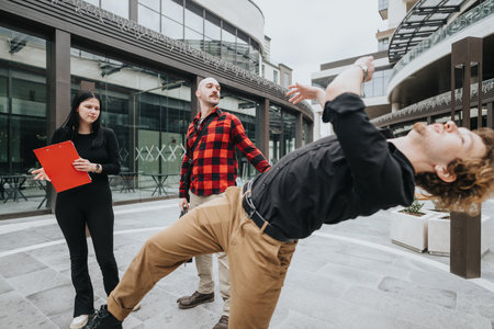 Business associates in a casual meeting outside office buildingsの写真素材