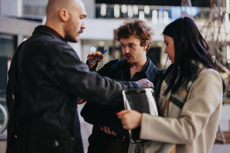Colleagues discussing over documents in an informal outdoor meeting at night