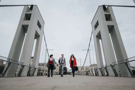Professional lawyers having a business meeting outdoors on a bridgeの写真素材