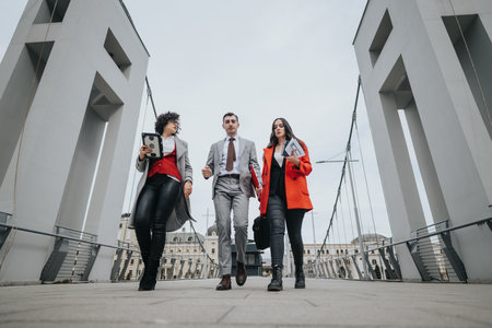 Confident business team walking forward in modern city settingの写真素材