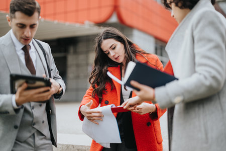 Professional business associates engaged in a discussion outside officeの写真素材