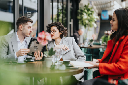 Business partners discussing over coffee at outdoor cafeの写真素材