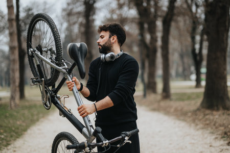 Focused businessman fixing his bicycle in the park, a blend of fitness and business concept.