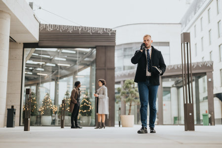 A businessman in a coat engages in a phone conversation while strolling in a city area adorned with festive Christmas trees.の写真素材