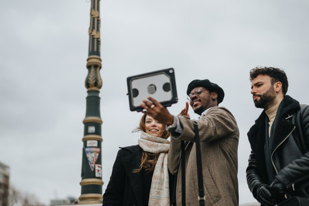 A multiethnic group of young entrepreneurs taking a selfie together. Casual business style,...