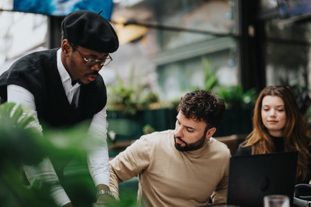 Professional teamwork environment in a modern cozy workspace with lush greenery.の写真素材