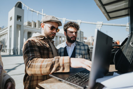Young business professionals collaborating at an outdoor urban setting.