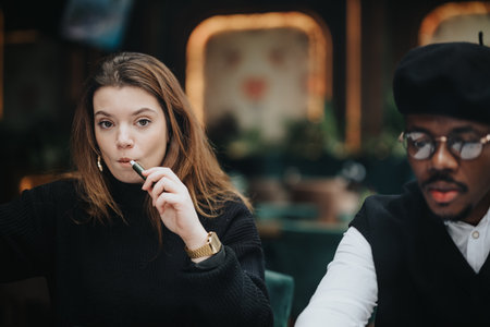 Focused woman holding pen in cafe with male friend in background.の写真素材