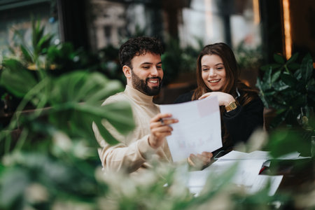 Two young professionals reviewing documents at a cozy cafe surrounded by greenery.