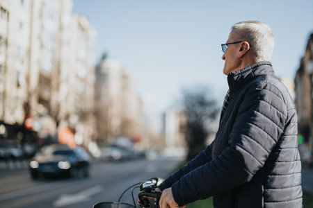 Senior man enjoying a leisurely ride on his bicycle in the city.