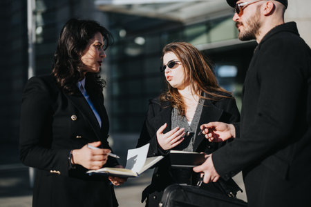 Dynamic image of three young entrepreneurs engaging in a discussion while holding gadgets and notes on a sunny city backdrop.の写真素材