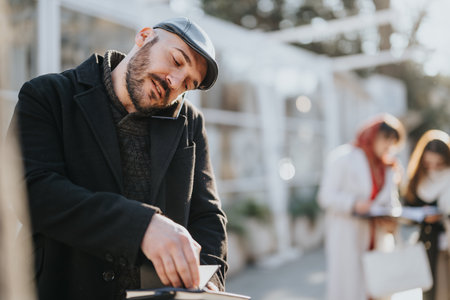 A bearded businessman in a cap and winter coat is jotting down notes in a notebook outdoors, with businesswomen chatting in the background.の写真素材