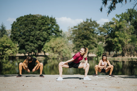 Group of Sporty Females Enjoying Outdoor Fitness Training in a Sunny City Park