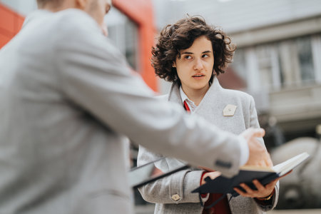 Business partners collaborating outdoors with documentsの写真素材
