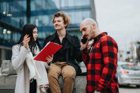 Young entrepreneurs in casual attire during an outdoor business meeting in the cityの写真素材