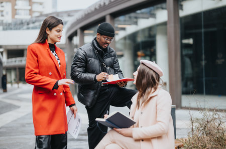 Diverse business team in casual meeting outdoors with documentsの写真素材