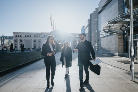 Dynamic team of young business entrepreneurs collaborating outdoors in the city.の写真素材
