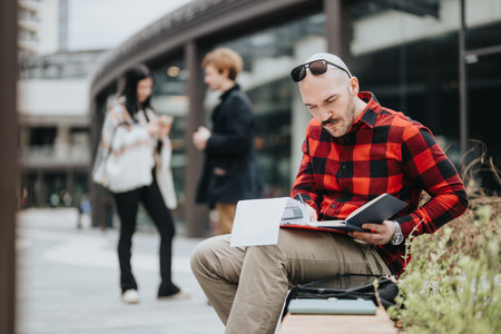 Business associates planning strategy in an outdoor informal meetingの写真素材