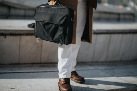 Elegant businessman with briefcase walking on city street in sunlight.