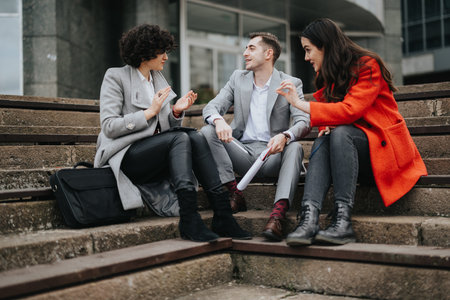Corporate team in a casual meeting outdoors discussing strategyの写真素材
