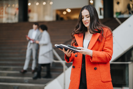 Confident businesswoman with tablet in front of colleagues discussing workの写真素材