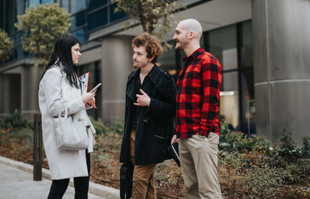 Entrepreneurs engaged in a casual business meeting outside modern office buildings