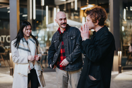 Business associates meeting outdoors near a cafe in the evening
