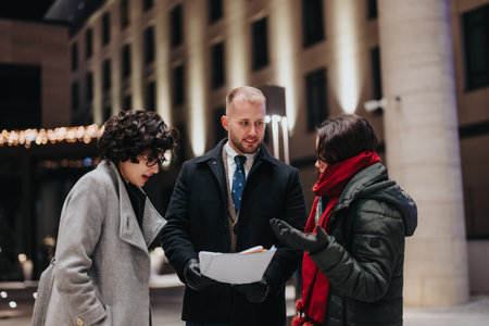 Young business colleagues discussing documents outdoors in urban setting.の写真素材