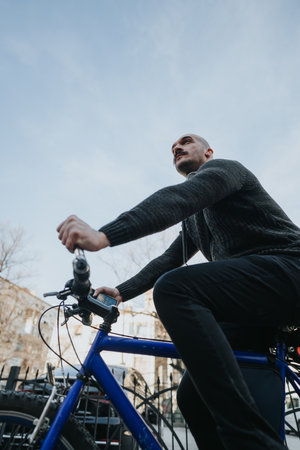 Stylish man in casual clothing riding a blue bicycle in the city.の写真素材