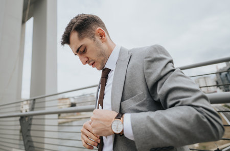 Professional businessman adjusting tie before a business meeting outdoorsの写真素材